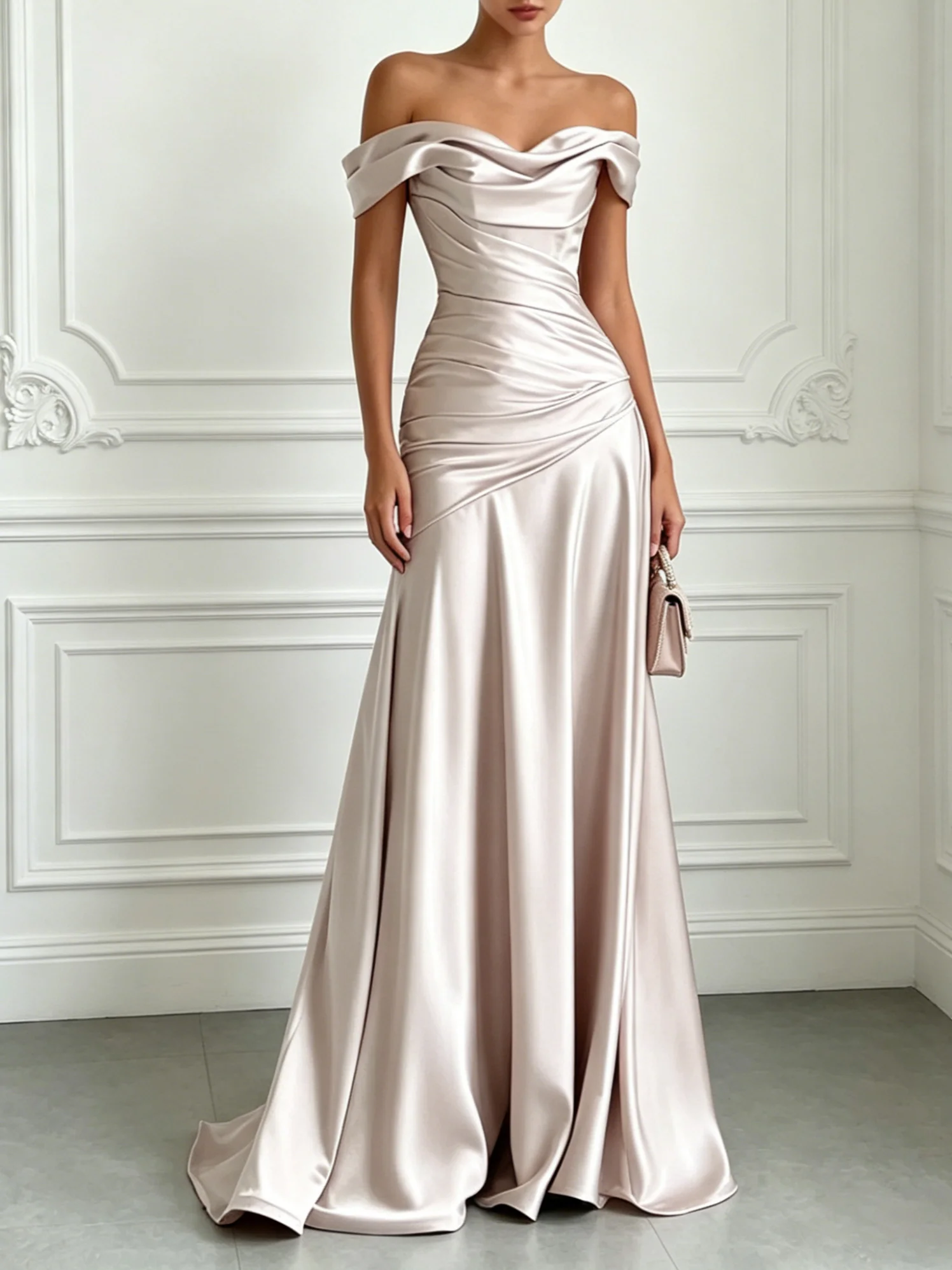 Champagne Ruched Satin Off The Shoulder Short Sleeve A-Line Floor-length Gown Dress