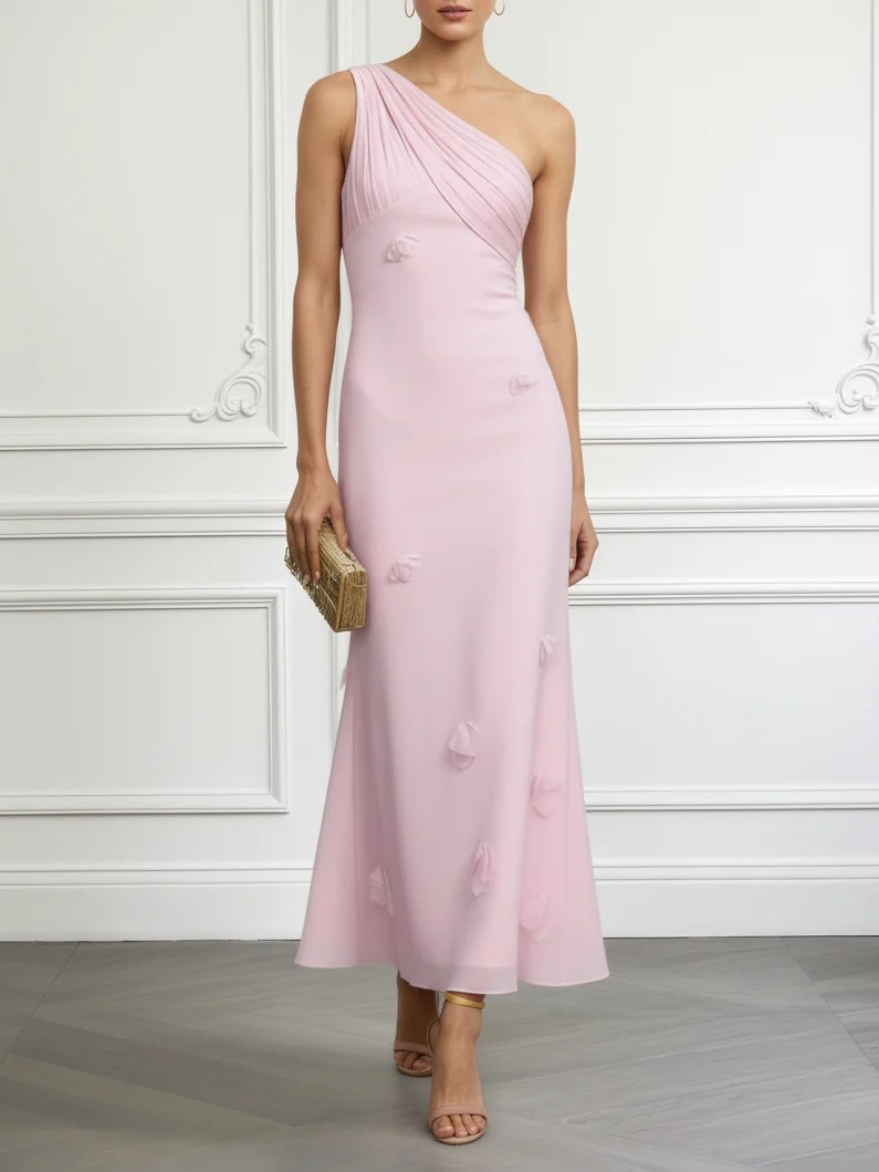 Pink 3D Floral Chiffon One Shoulder Sleeveless Sheath Maxi Dress