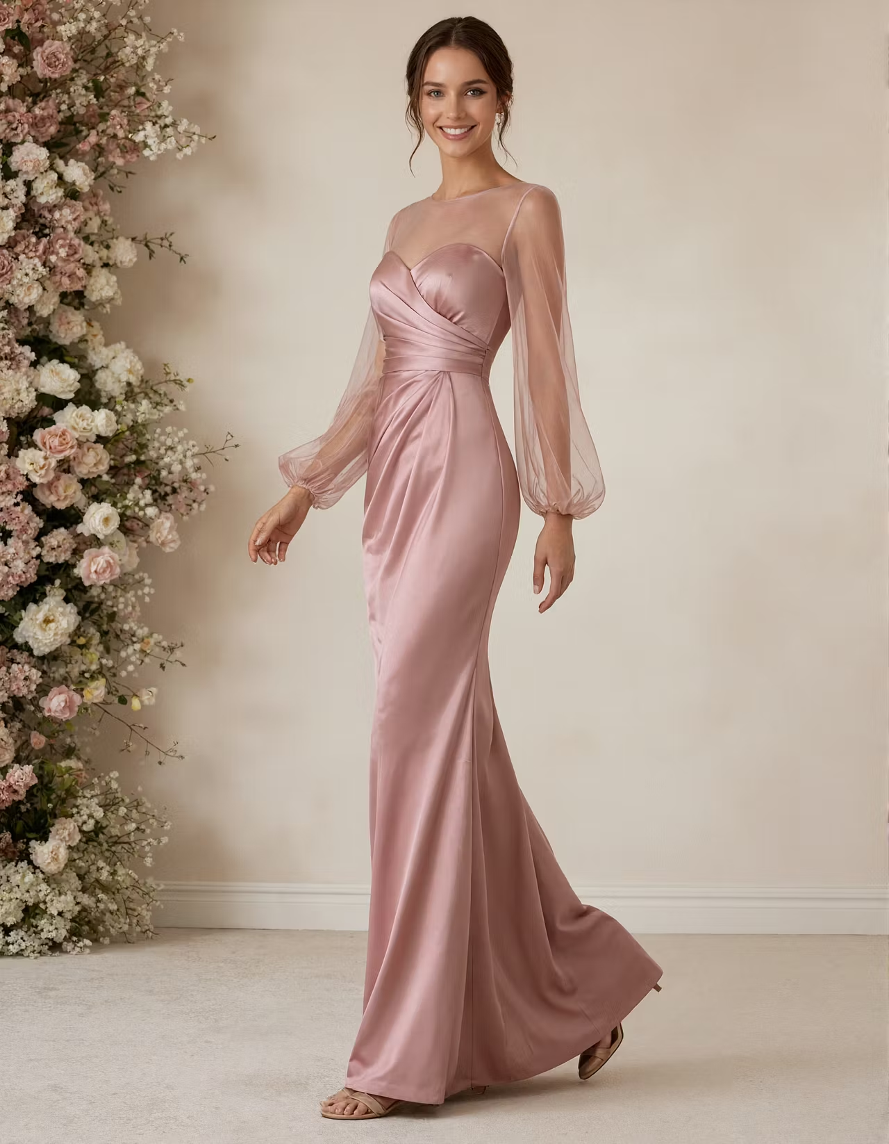Pink Round Neck Satin Tulle Puff Sleeves Maxi Dress