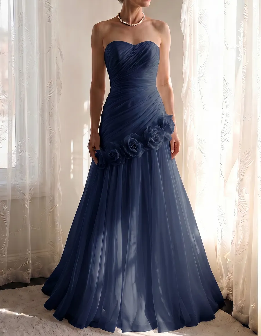 Chiffon Strapless Asymmetrical 3-Dimensional Rose Maxi Dress