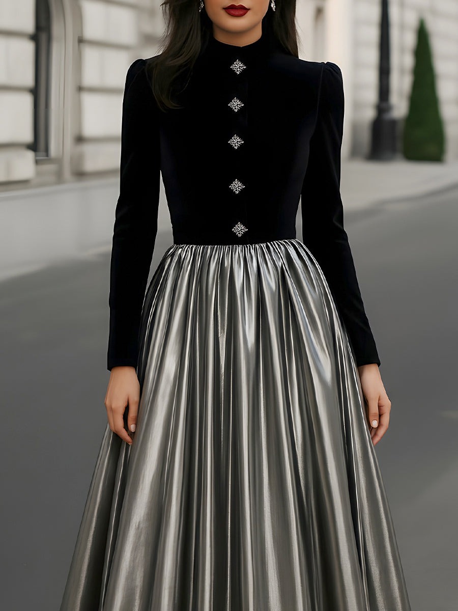 Velvet Button Font Pleated Evening Dress