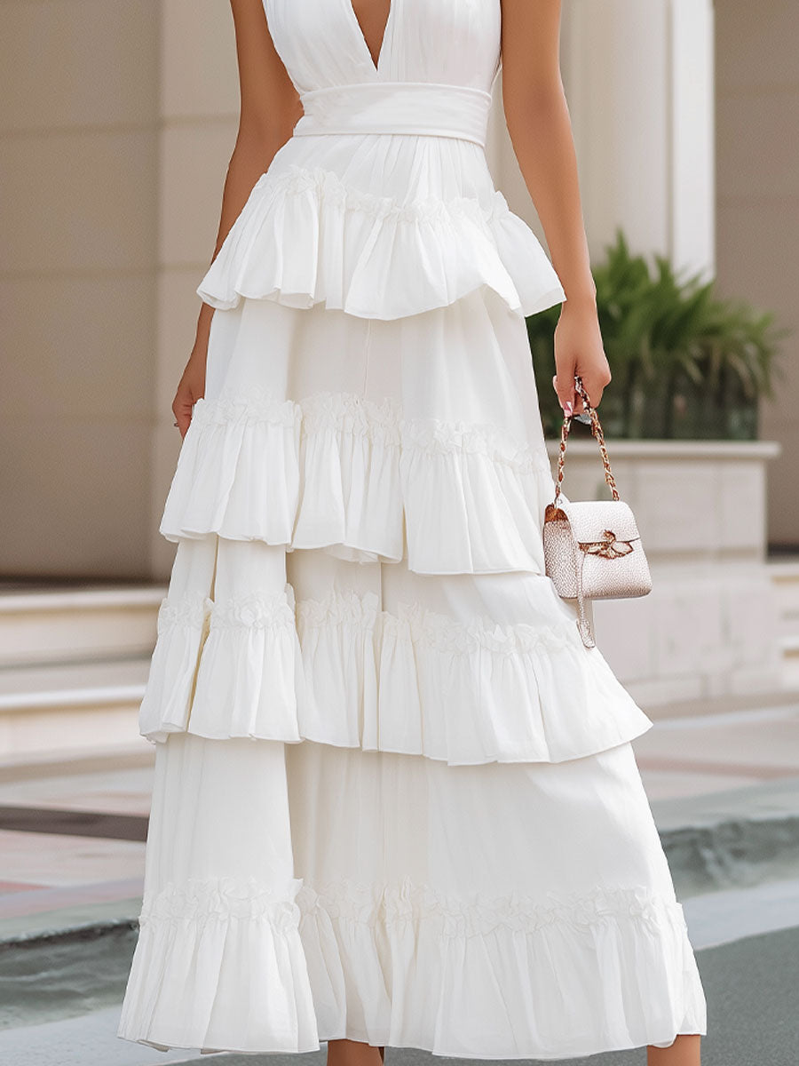 Enchanting Ivory Tiered Halter Maxi Dress