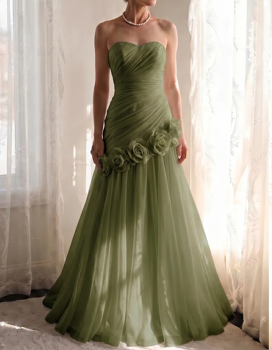 Chiffon Strapless Asymmetrical 3-Dimensional Rose Maxi Dress