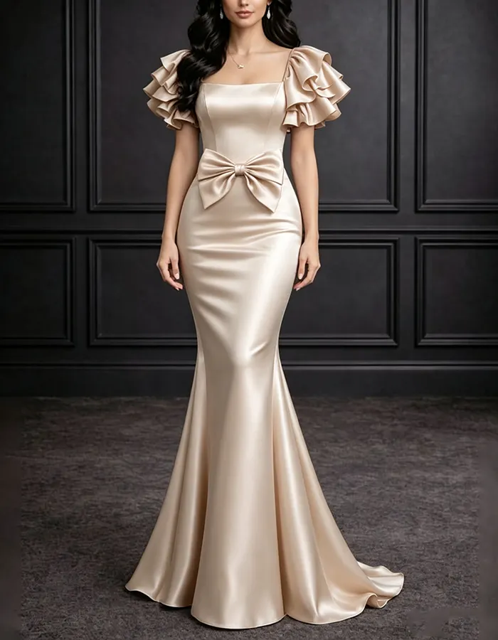 Burgundy Square‑Neck Ruffled Puff‑Short‑Sleeve Large‑Bow‑Accent Satin Mermaid Maxi Dress