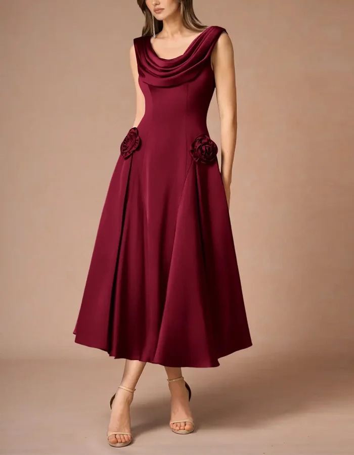 Burgundy Draped Neckline 3D Flower Sleeveless Satin Midi Dress