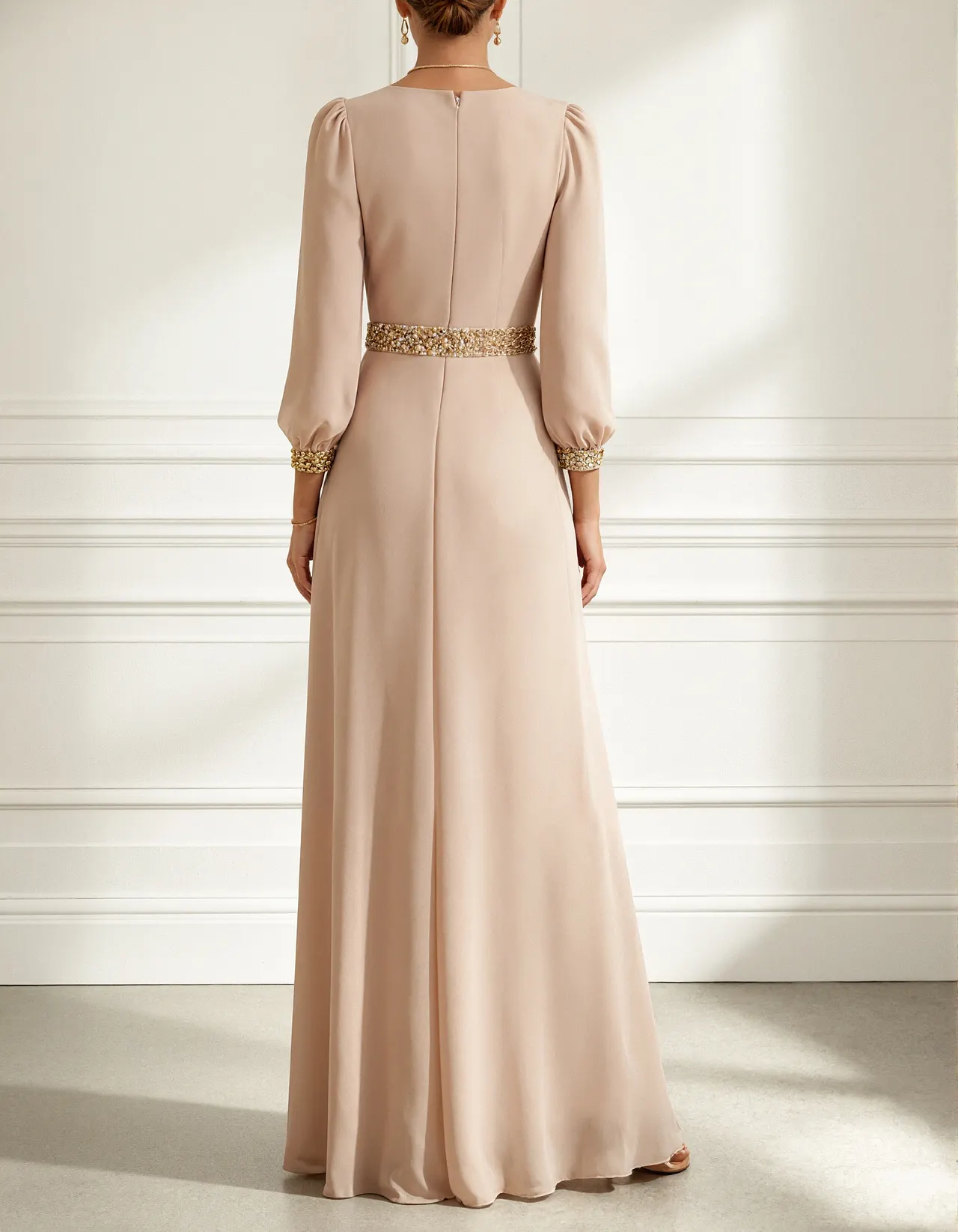 Nude Chiffon Long Sleeved V-Neck Maxi Dress