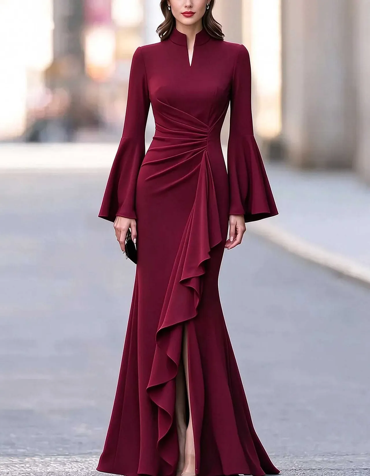 High Neck Flare Sleeve Ruffled Slit Mermaid Maxi Dress