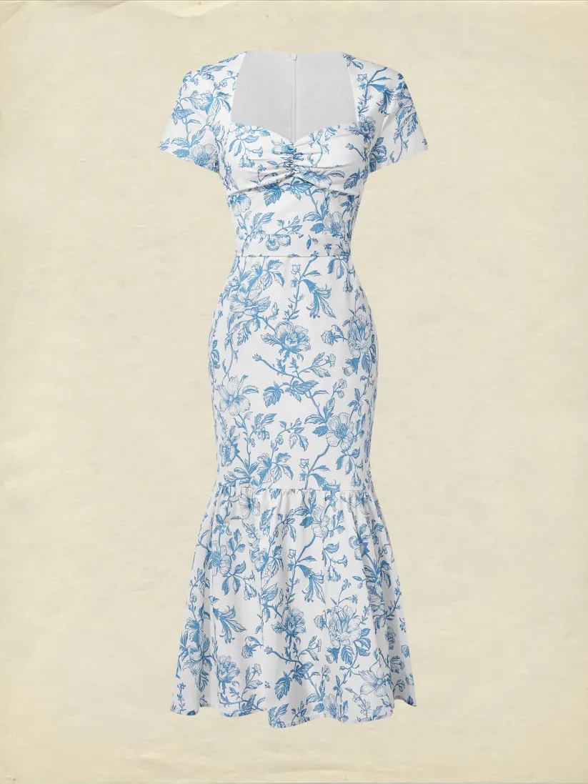 Midi Linen Dress, Short Sleeves, Sweetheart Neck, Floral, Ruffles, Vintage, Blue