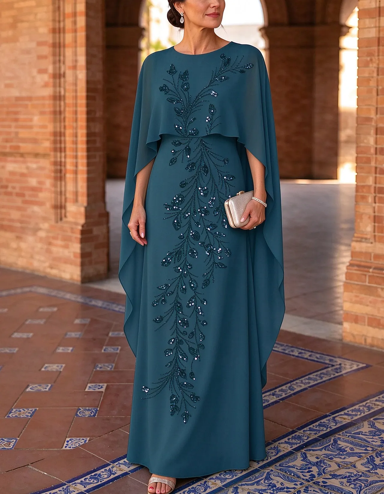 Chiffon Round Neck Cape Overlay Leaf Embroidery Maxi Dress