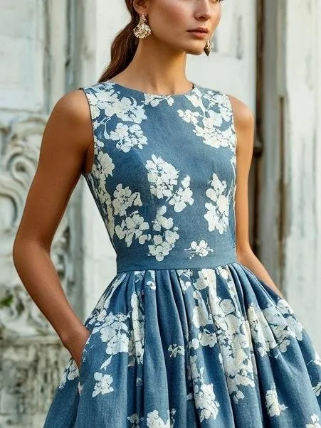 Midi Linen Dress, Sleeveless, Linen Blend, Floral, Renaissance