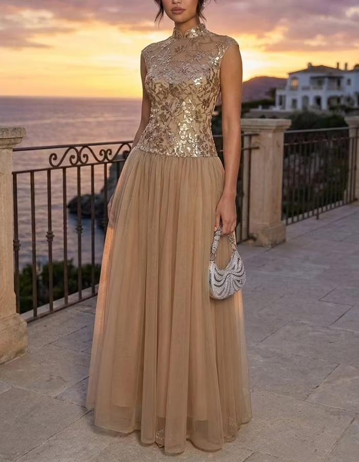 Champagne Mandarin Collar Gold Sequin Lace Tulle Maxi Dress
