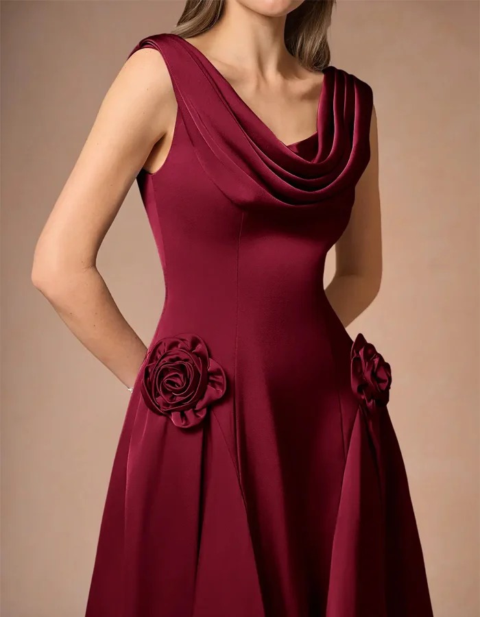 Burgundy Draped Neckline 3D Flower Sleeveless Satin Midi Dress