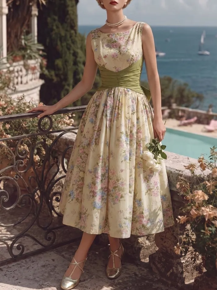 Midi Linen Dress, Sleeveless, Boat Neck, Floral, Pleated Design, Vintage, Yellow
