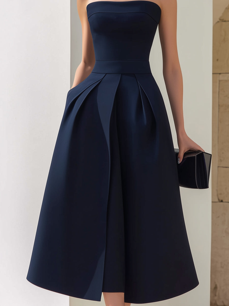 Navy Strapless Structured A-Line Pleated Midi Dress