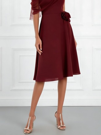 Burgundy 3D Floral Chiffon One Shoulder Sleeveless A-Line Midi Dress