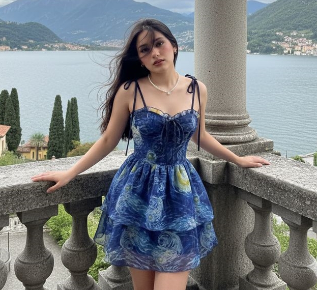 Starry Night Oil Painting Print Tiered Mini Dress Tie Spaghetti Straps