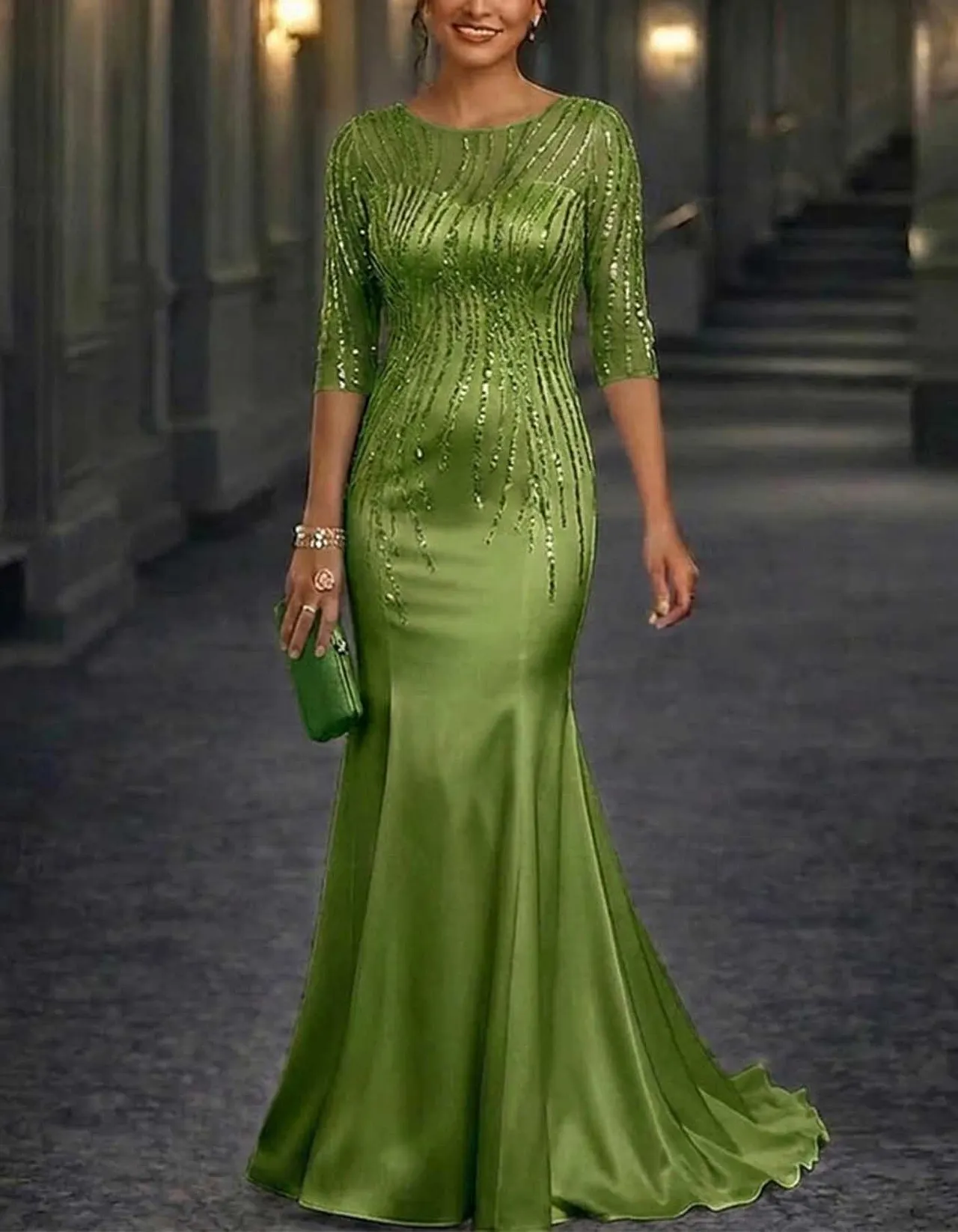 Satin Mesh Illusion Round Neck Sequin Mermaid Maxi Dress