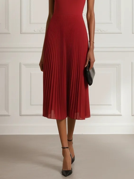 Red Lace Pleated Classic Mock Neck Cap Sleeve A-Line Midi Dress