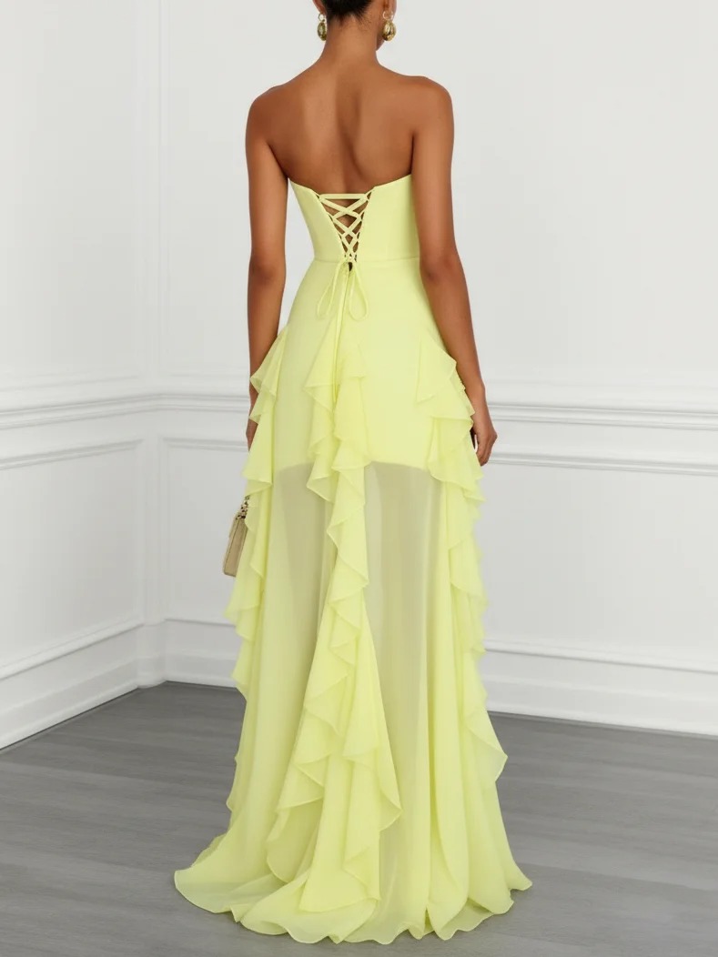 Yellow Ruffled Side-Slit Chiffon Strapless Sleeveless A-Line Gown Dress
