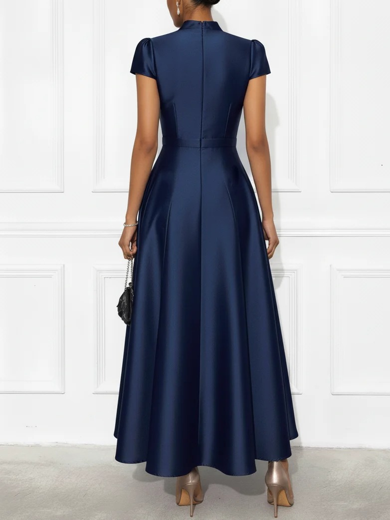 Navy Blue Satin Stand Collar Short Sleeve A-Line Maxi Dress