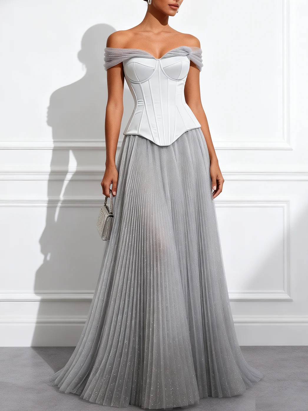 Light Gray Ruched Pleated Tulle Off The Shoulder Short Sleeve A-Line Floor Length Dress