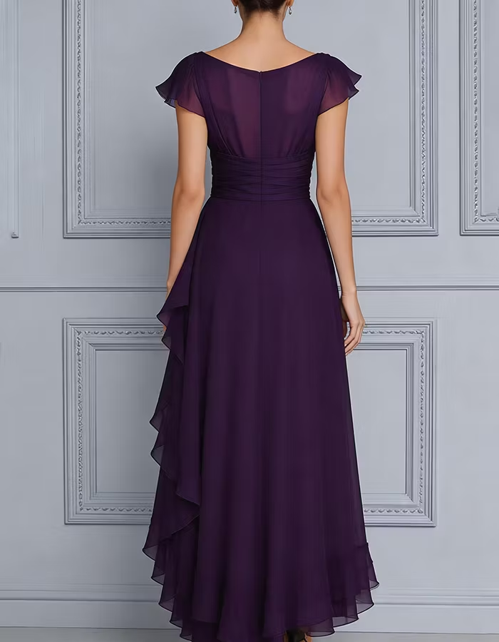 Deep Purple Cowl Neck Flutter Sleeve Chiffon High-Low Maxi Dress