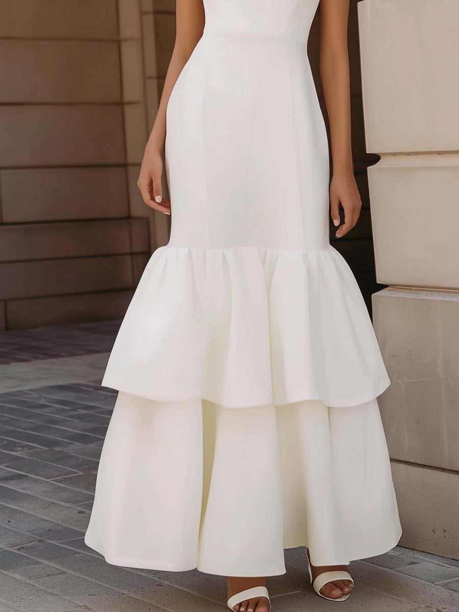 White Sleeveless Tiered Ruffle Hem Maxi Dress