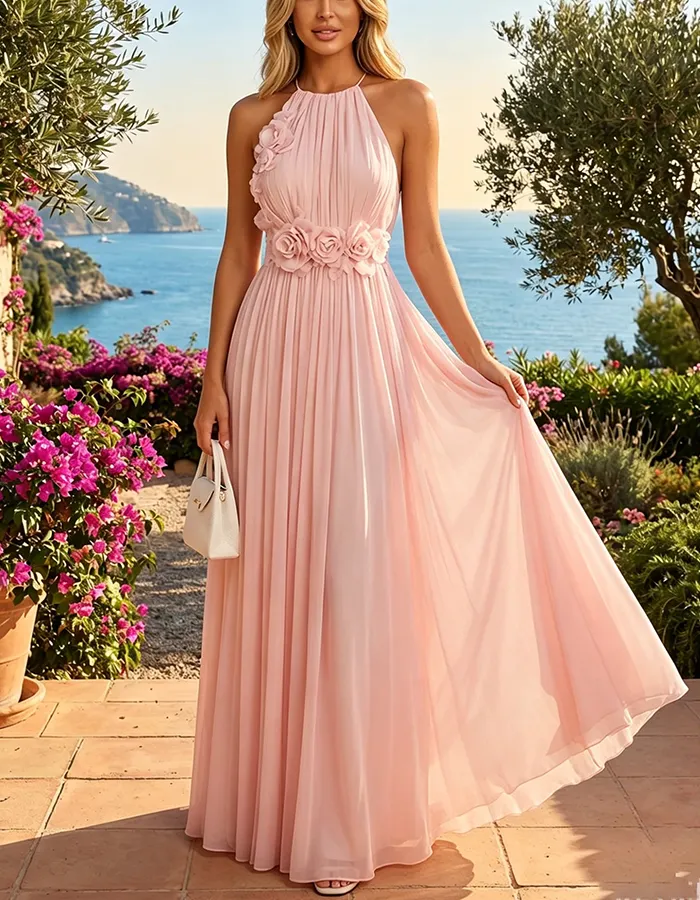 Light Pink 3D Flower Waist Pleated Chiffon Maxi Dress