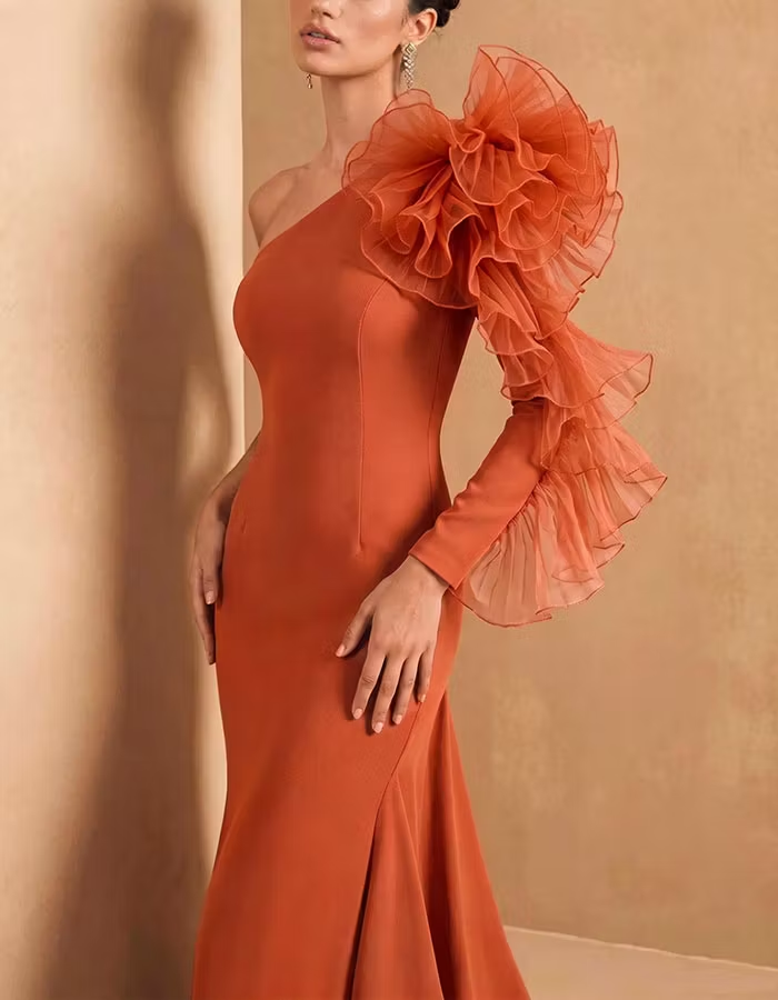 Orange One Shoulder 3D Design Maxi Dress