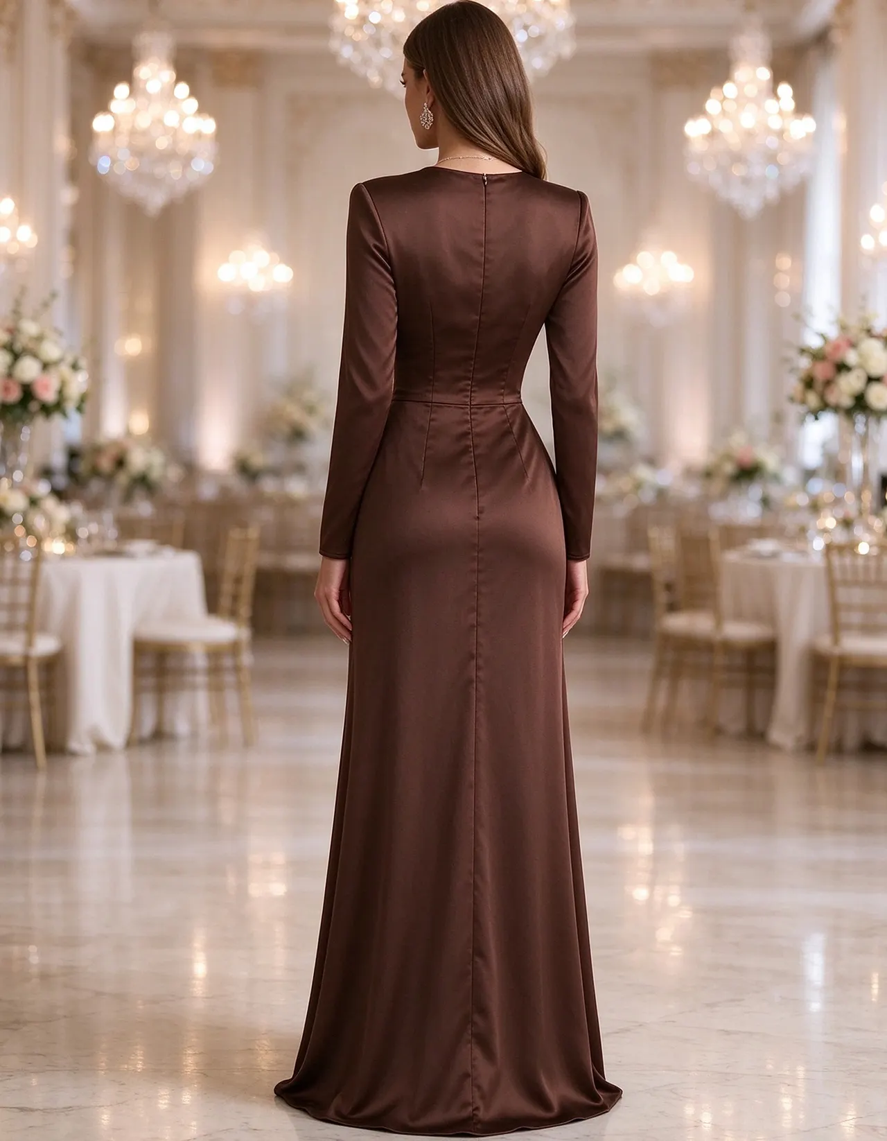 Satin Round Neck Long Sleeve Big Bow Ruffle Side Slit Maxi Dress