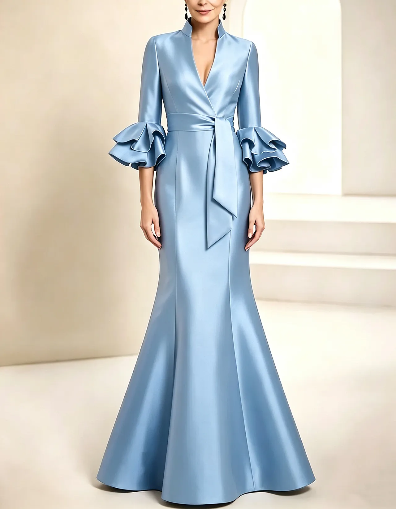 Royal Blue Stand Collar Ruffled Satin Mermaid Maxi Dress