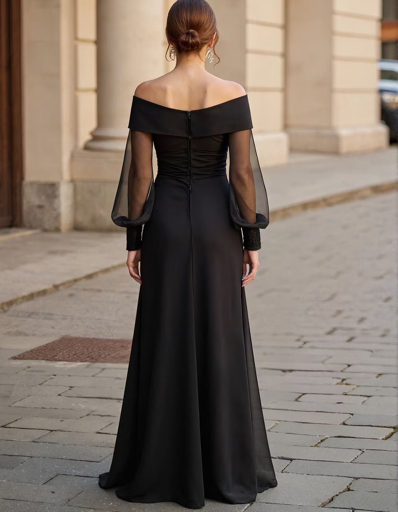 Black Off Shoulder Mesh Sleeves With Ruffled Chiffon Maxi Dress