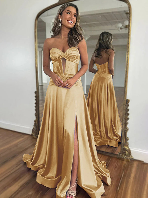 Navy Mermaid Strapless Corset Bodice Prom Dress with Slit