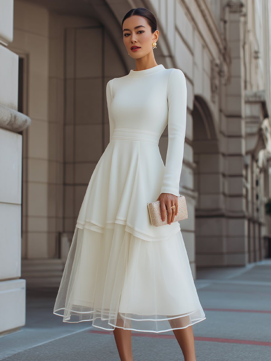 Long Sleeve Layered Midi Dress With Defined Waist