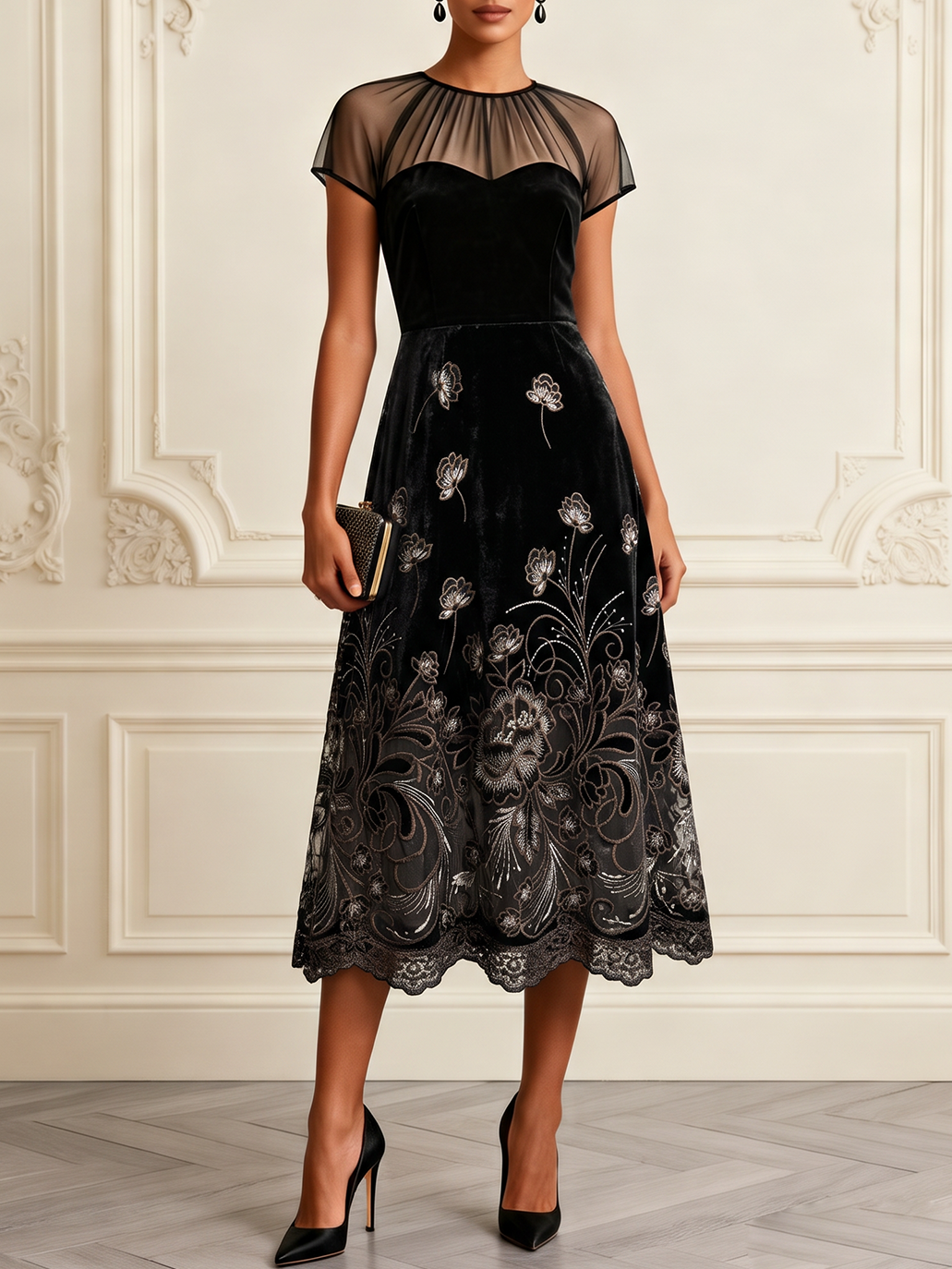 Black Embroidery Velvet Crew Neck Short Sleeve A-Line Midi Dress