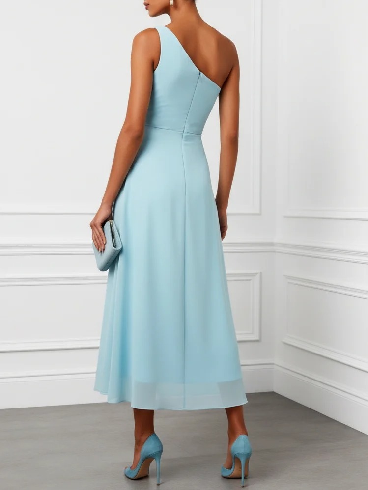 Light Blue Ruffled Ruched Chiffon One Shoulder Sleeveless A-Line Maxi Dress