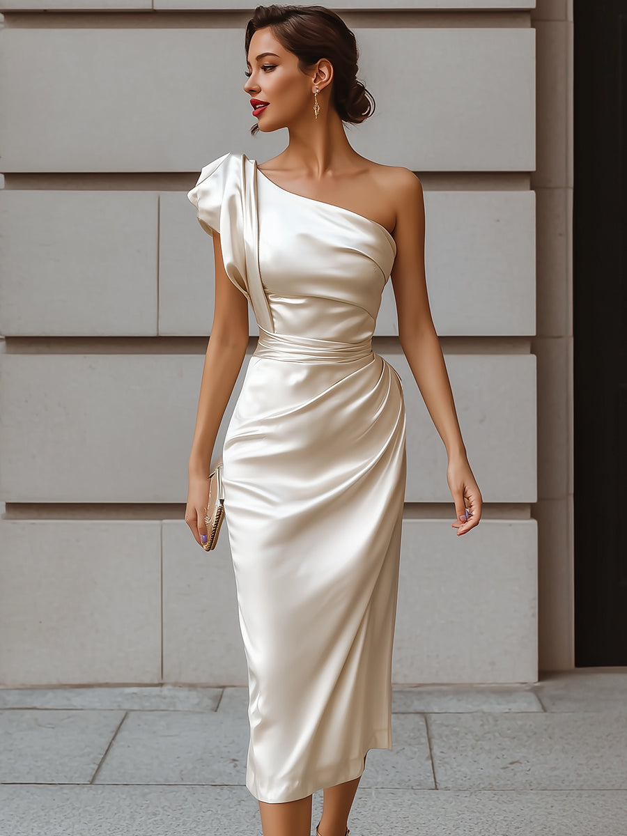 Light Beige Elegant One-Shoulder Satin Midi Dress