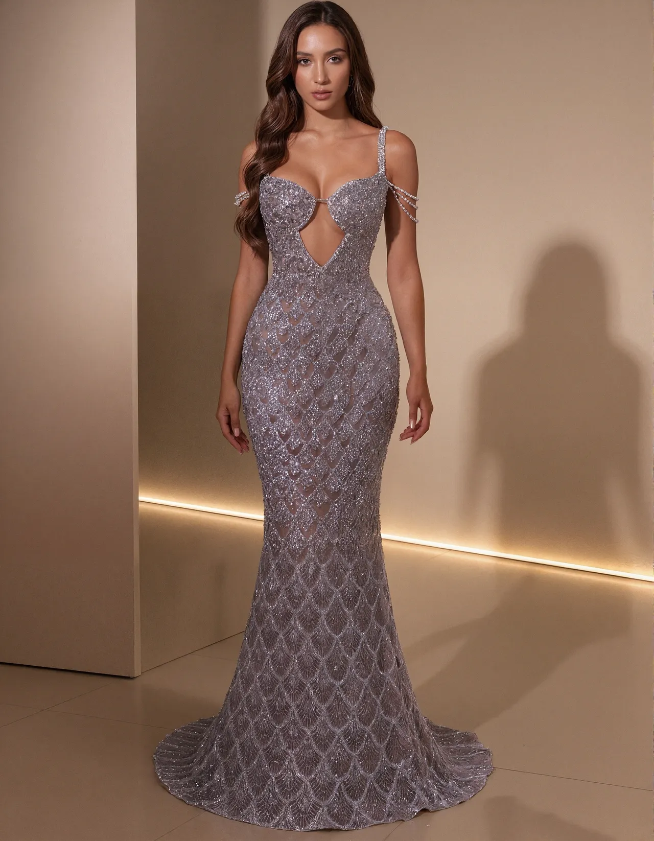 Silver Spaghetti Strap Mermaid Evening Gown