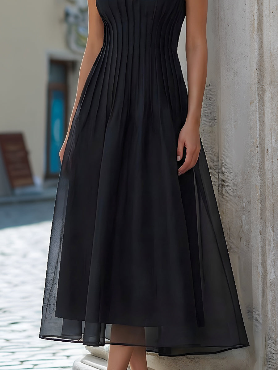 Black Sheer Illusion Pleated Waist Midi Dress