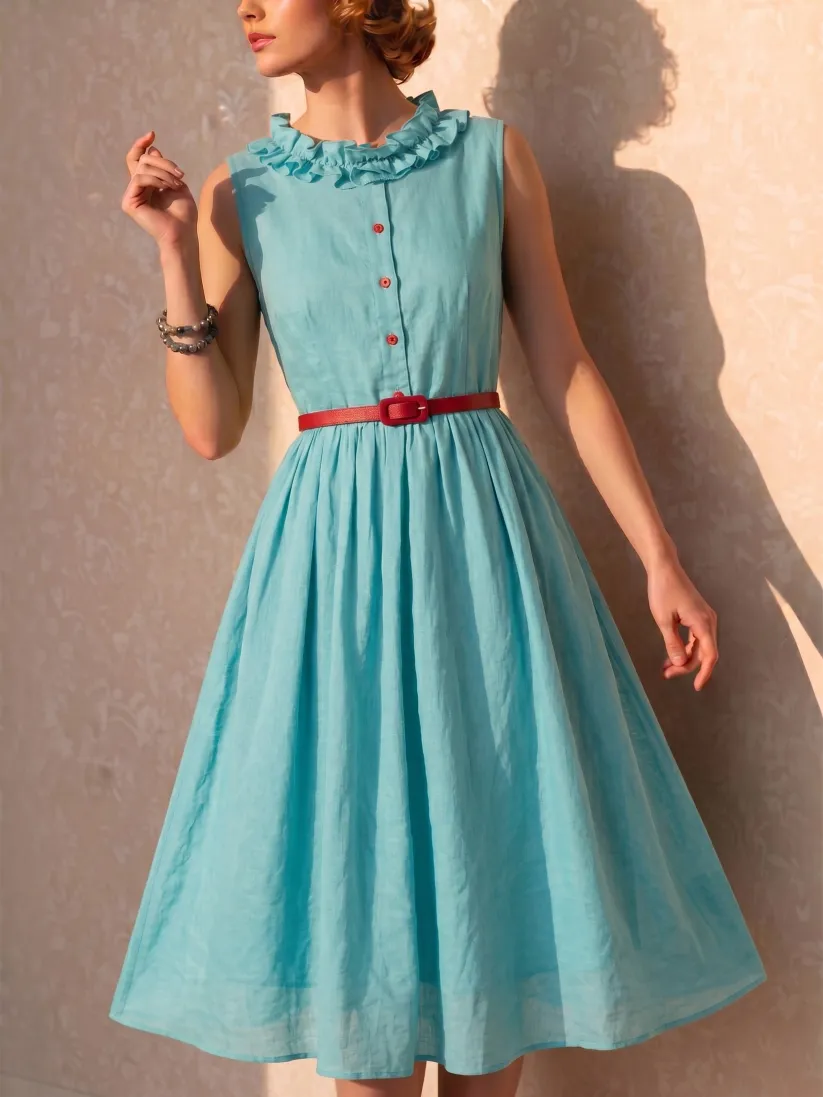 Midi Linen Dress, Sleeveless, Button Design, Vintage, Blue
