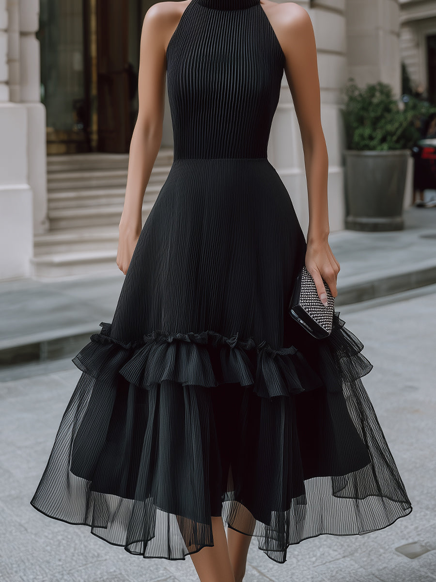 Black Alter Neck Pleated Midi Dress With Tiered Ruffle Hem