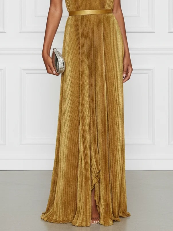 Golden Pleated Satin Strapless Sleeveless Shift Maxi Dress