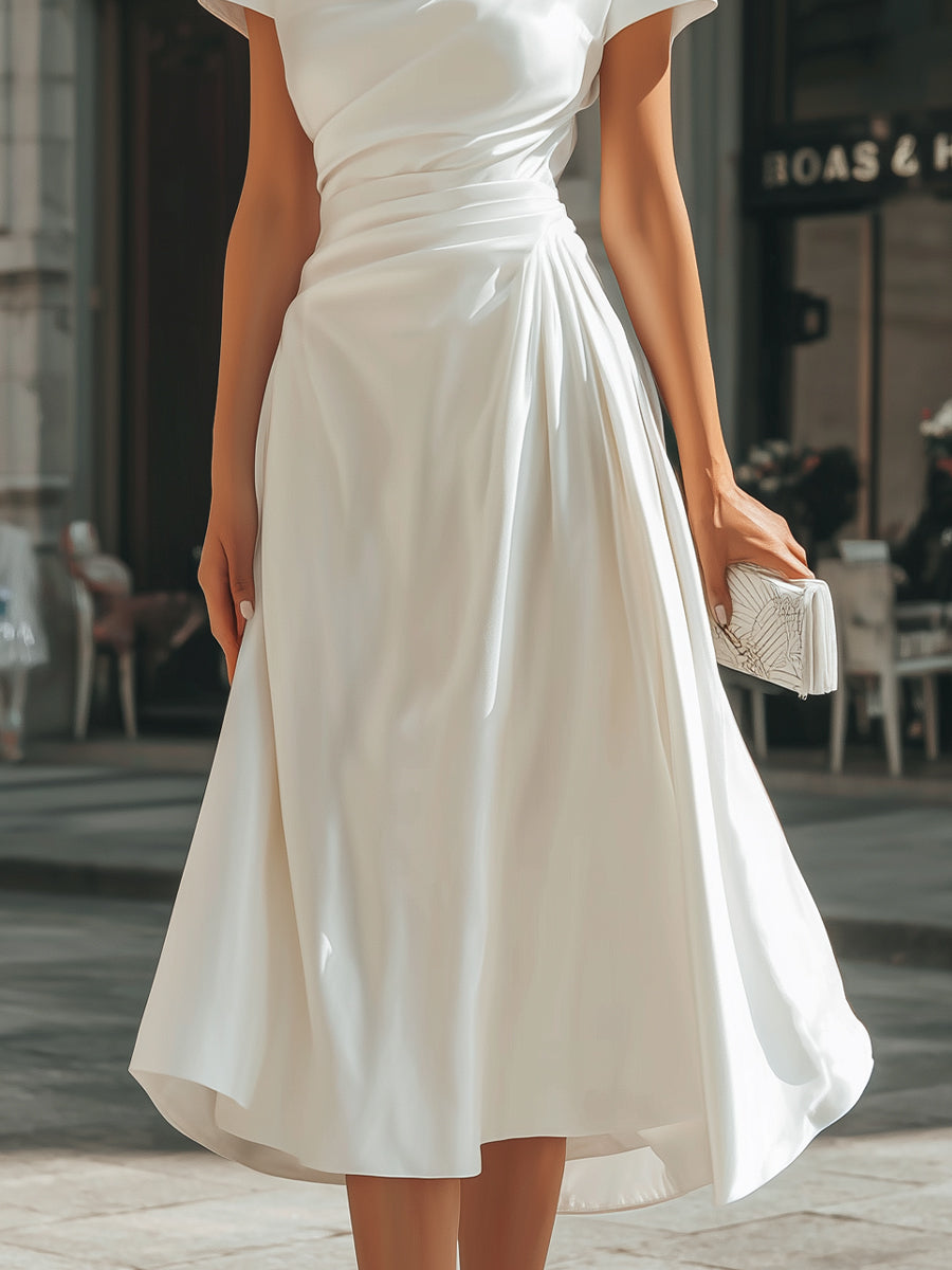 White Draped Asymmetric Midi Dress