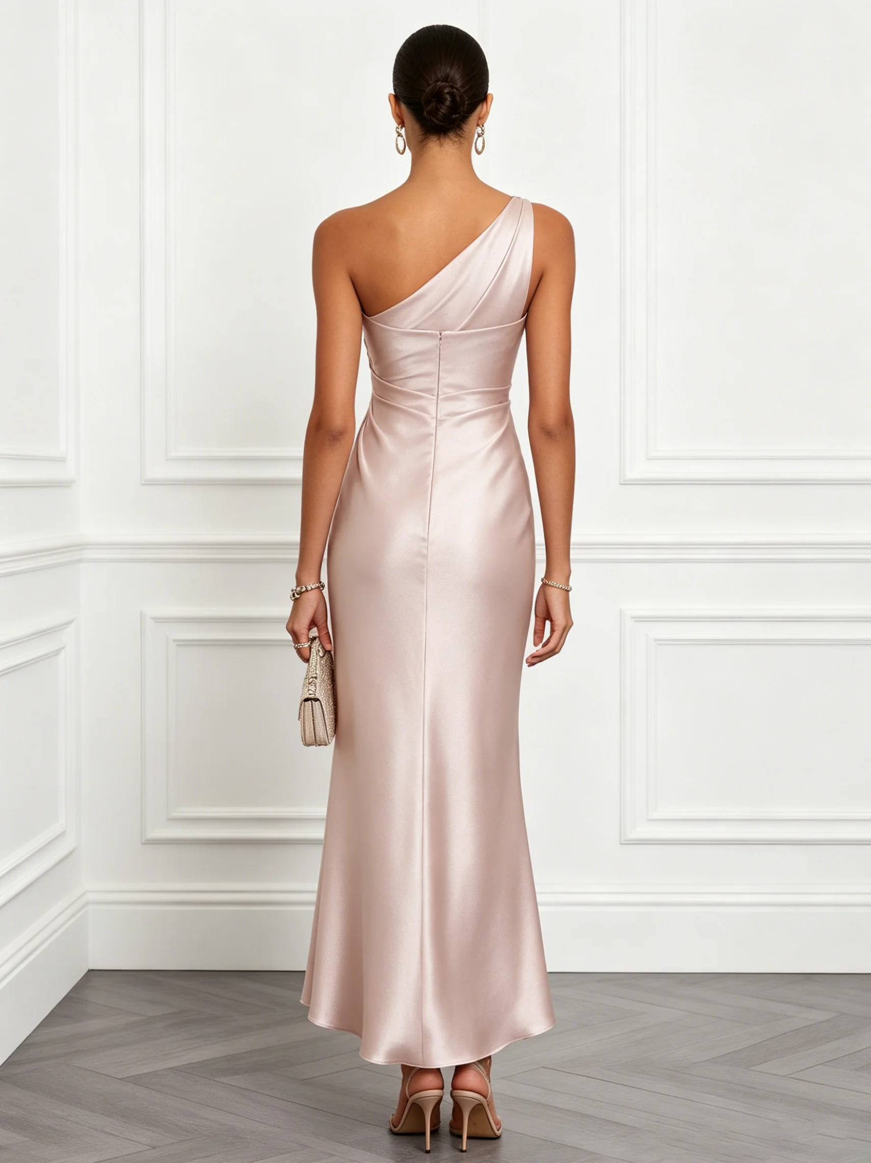 Light Pink Ruched Satin One Shoulder Sleeveless Mermaid Maxi Dress