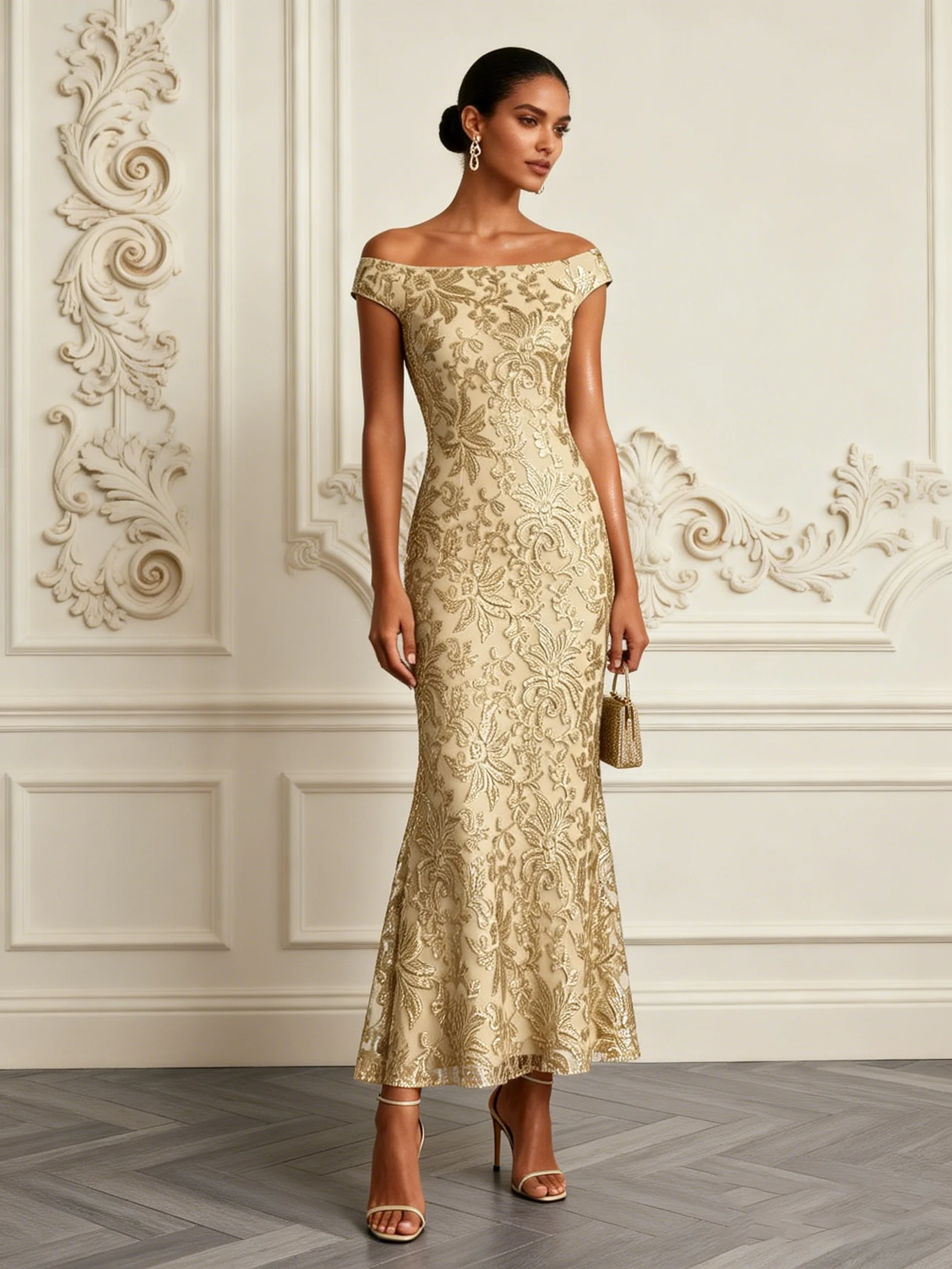 Champagne Jacquard Bone Lace Off The Shoulder Short Sleeve Mermaid Maxi Dress