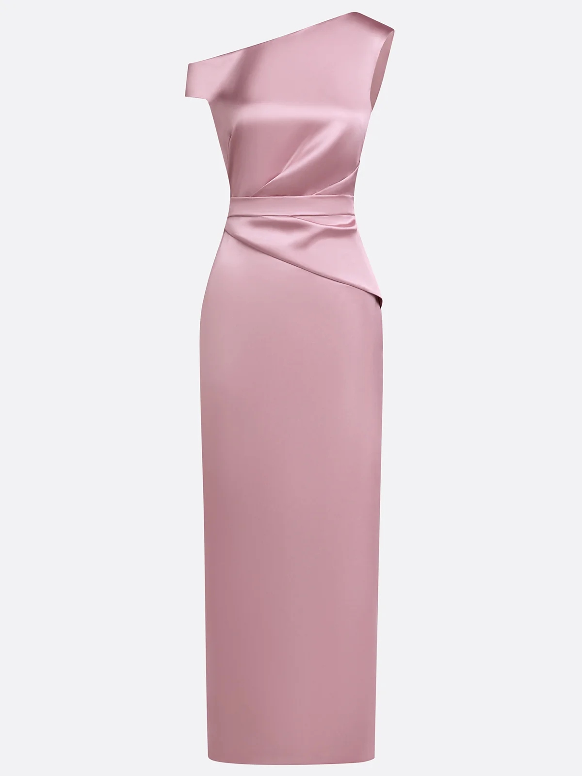 Pink Satin One Shoulder Short Sleeve Sheath Gown Dress