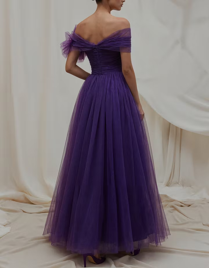 Dark Purple Tulle Off-the-Shoulder 3D Floral High Slit Maxi Dress