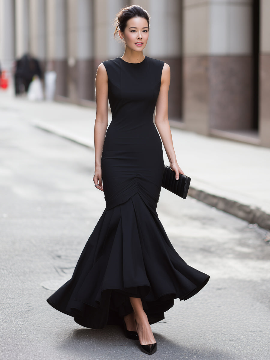 Black Sleeveless Ruched Mermaid Hem Midi Dress