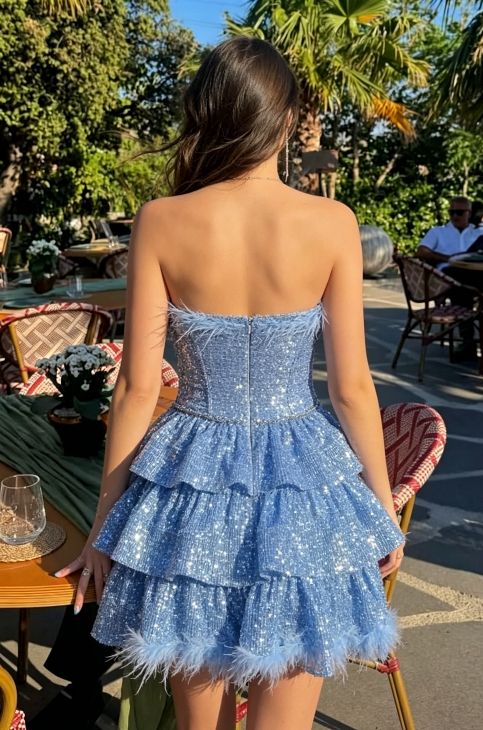 Dusty‑Blue Sequin Feather Corset Double‑Tier Ruffle Mini Dress