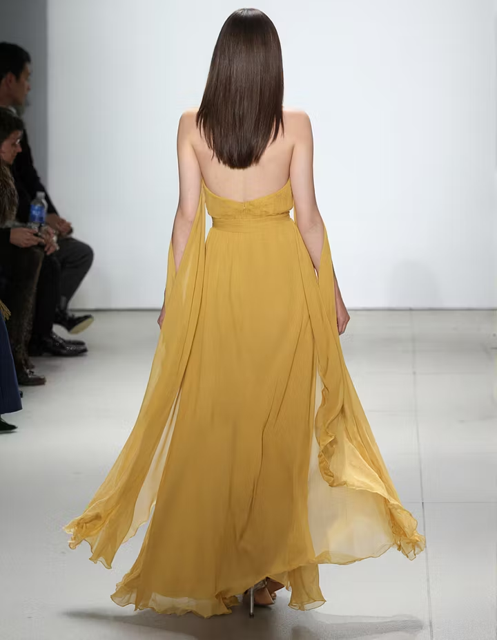 Mustard Yellow Backless Bow Belt Flowing Chiffon Maxi Dress